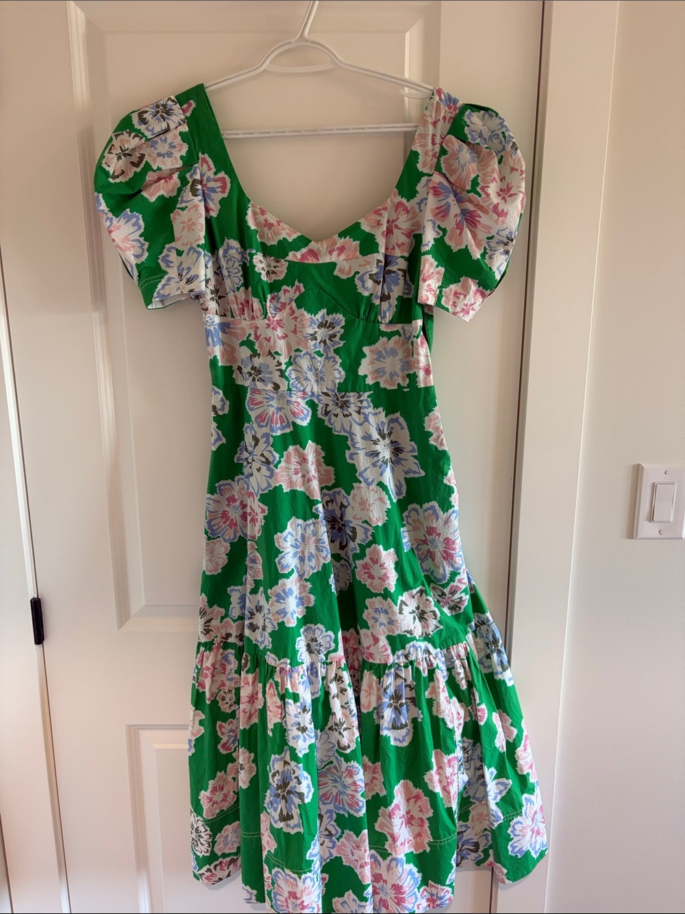 Tanya Taylor Green Floral Puff-Sleeve Midi Dress